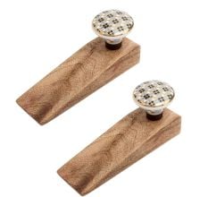 2 Pieces Black Golden Check Pattern Flat Ceramic Wooden Door Stopper